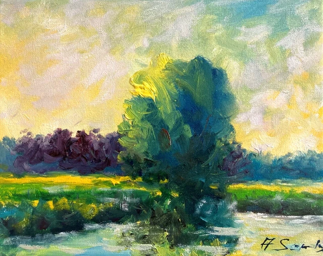 Sunset Tree by the Pond Landscape Oil Painting Collectable Texture Impressionism
