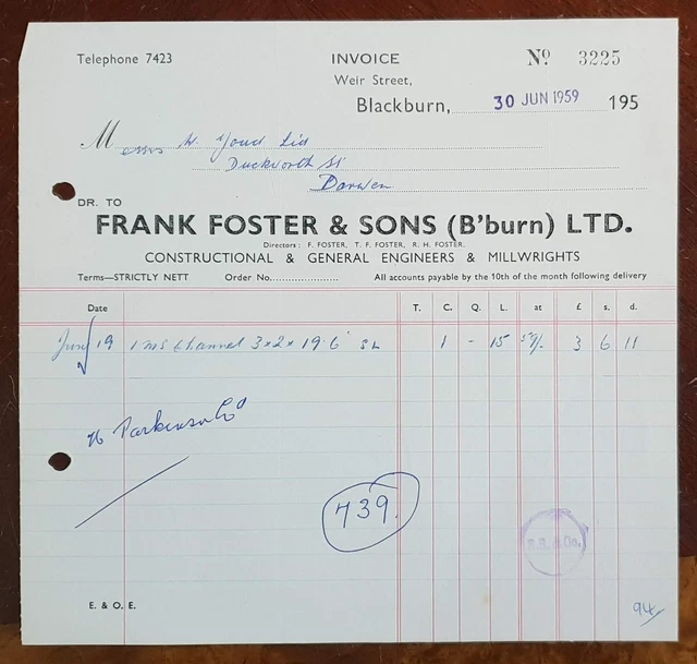 1959 FRANK FOSTER & Sons, General Engineers, Weir Street, Blackburn