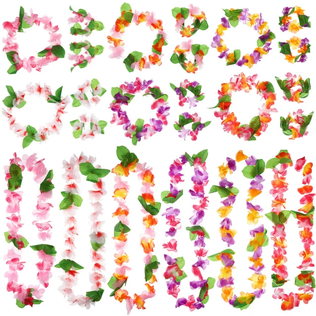6 Set Collane Fiori Ghirlande Leis Hawaiiane Fasce Corona Tropicale