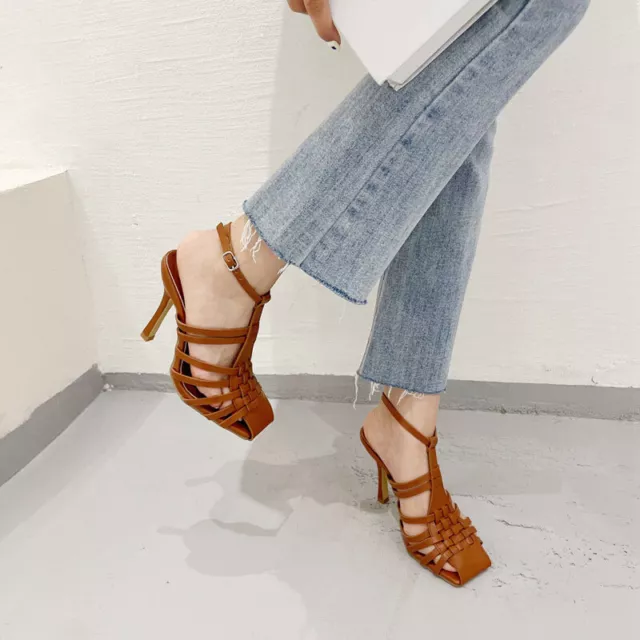 Women Closed Toe High Heels Braided Hollow Out Shoes Office Slingbacks Sandals