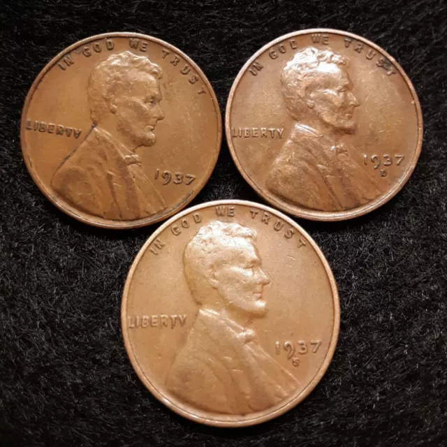 1937 Lincoln wheat cent- penny lot of 3 coins P, D and S mints