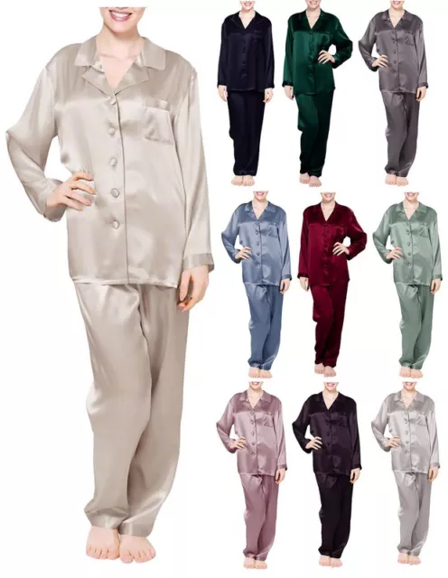 Women's Satin Button Down Shirt & Pajama Co ord Set Sleepwear Loungewear Suit