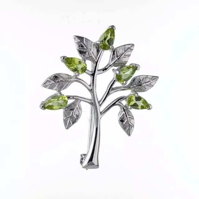 Natural Peridot Brooch Tree of Life Sterling Silver Green Gemstones Handmade