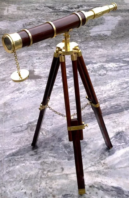 Telescope Antique  With Wood Stand Maritime Spyglass  Brass