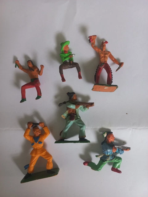 Lot Figurines Cowboys Et Indiens Starlux Ceji - Jouets Farwest Collection Soldats Plastique Bois
