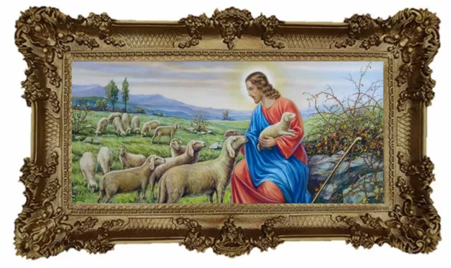 Repro Antike religiöse Heiligenbild Hirte Jesus mit Lämmchen und Schafherde Bild