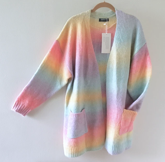 BLOOMCHIC Sweater Womens 14 Open Cardigan Pastel Rainbow Ombre Pocket Fuzzy Soft
