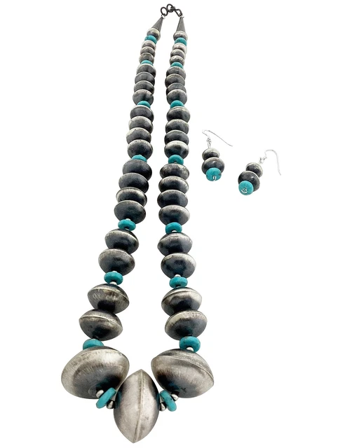 Tylena Nez, Necklace, Silver Beads, Turquoise Nuggets, Navajo Handmade, 23"