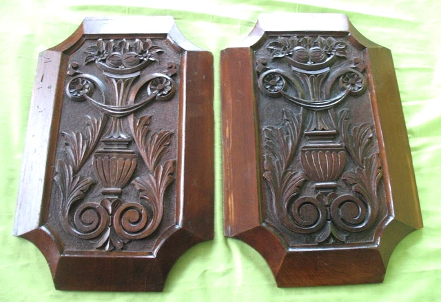 2 x antique Edwardian CARVED MAHOGANY DOOR PANELS plaque architectural furniture