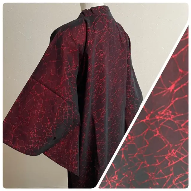 41120 Japanese Clothing Kimono Long Haori Black Red Gorgeous Michiyuki Coat Road