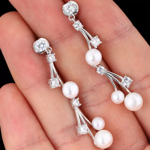 100% Natural 7Mm Freshwater Pearl & White Cz Solid Sterling Silver 925 Earring