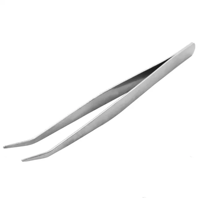 5.9" Long Silver Tone Bent Curved Tip Tweezers Forceps Plier Hand Tool J9X31717