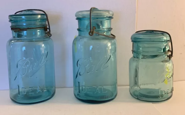 VTG Aqua Blue "Ball Ideal" Mason Canning Jars ~ Glass Lids & Wire Bales Lot of 3