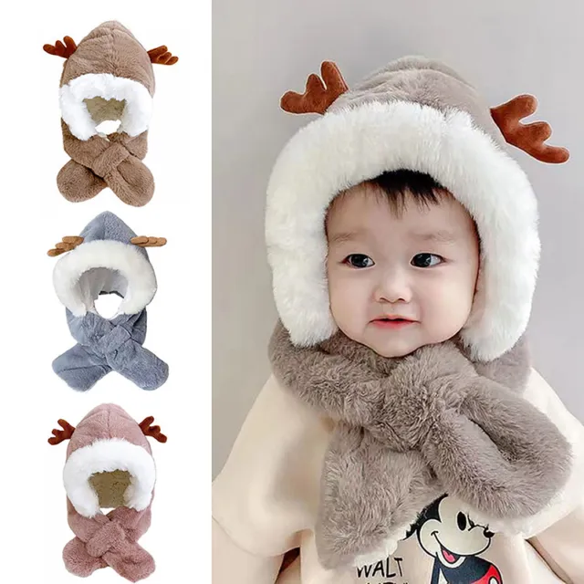 Winter Fur Baby Hat Scarf Kids Pullover Hat Plush Thicken Hooded Scarf Warmer