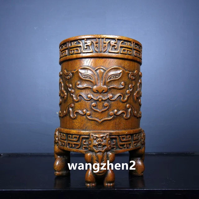 Chinese Wood brush pot Huanghua Pear Wood Carving Tiger tripod pen holder 15cm