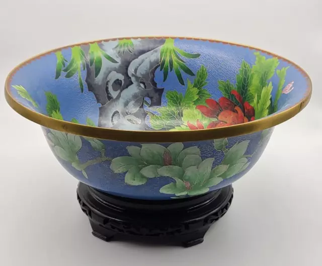 RARE LARGE 15" CLOISONNE Jingfa  Brass Enamel Blue Bowl Stand Chinoiserie