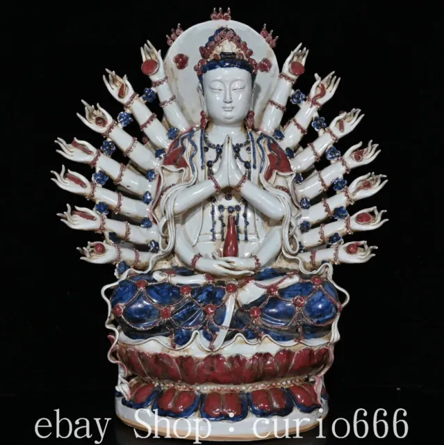 21.6'' Old Blue White Red Glaze Porcelain 1000 Arms Kwan-yin Guan Yin Statue
