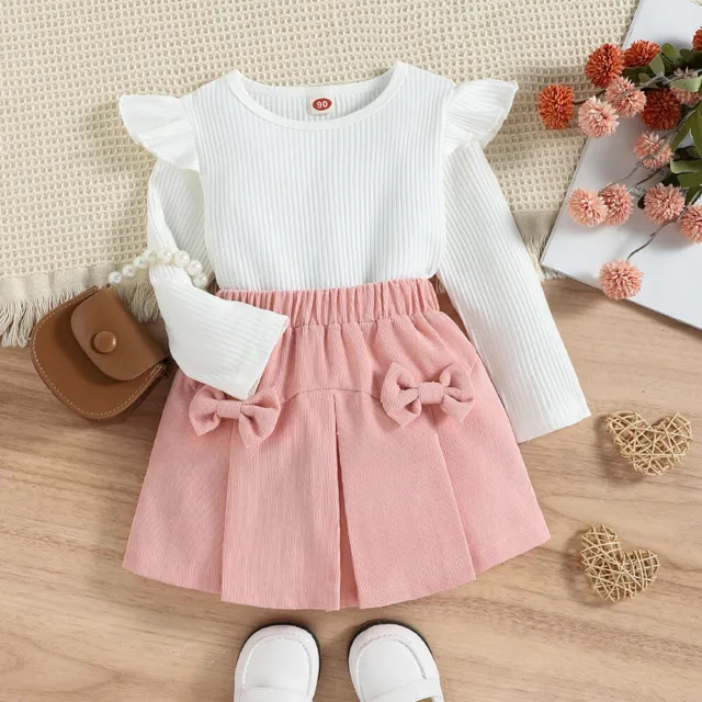 2PCS Toddler Kids Baby Girls Ribbed Ruffle Tops Skirt Set Party Outfits Clothes 4
