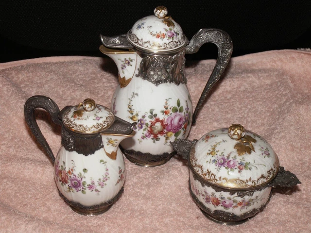 MEISSEN SERVICE PORCELAINE  XIXEME AVEC ARGENT MASSIF MINERVE JOALLIER rare