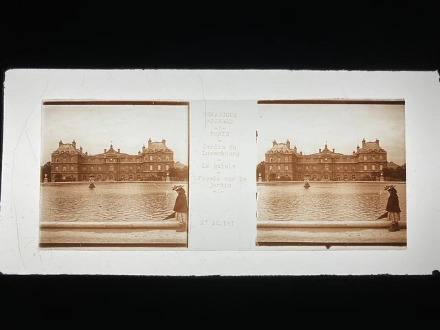 PARIS JARDIN LUXEMBOURG PLAQUE VERRE 45x107 VUE STEREOSCOPIQUE VERASCOPE RICHARD