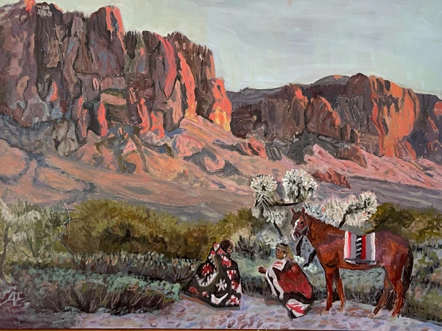 ORIGINAL OIL PAINTING Arizona Native American Mountains Western Horse ...