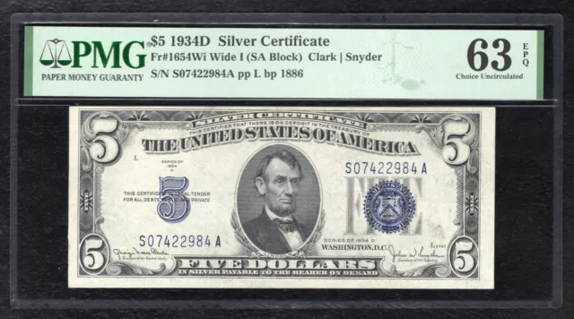 FR. 1654-Wi 1934-D $5 SILVER CERTIFICATE CURRENCY NOTE PMG UNCIRCULATED-63EPQ