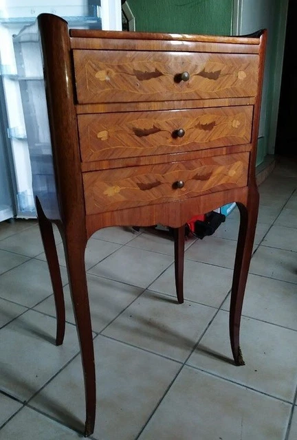 French Nightstand console table wood drawers Louis XV style walnut veneer