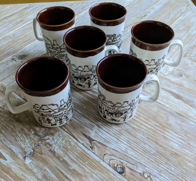 6xVintage English Ironstone Tableware (EIT) POTTERY VILLAGE SCENE MUGS England