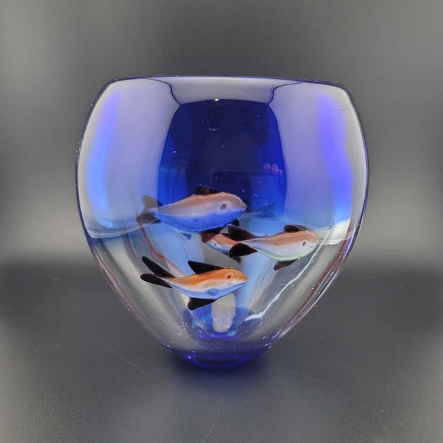 Art Glass Fish Aquarium Vase Bowl Blue Vintage Hand Made Unsigned