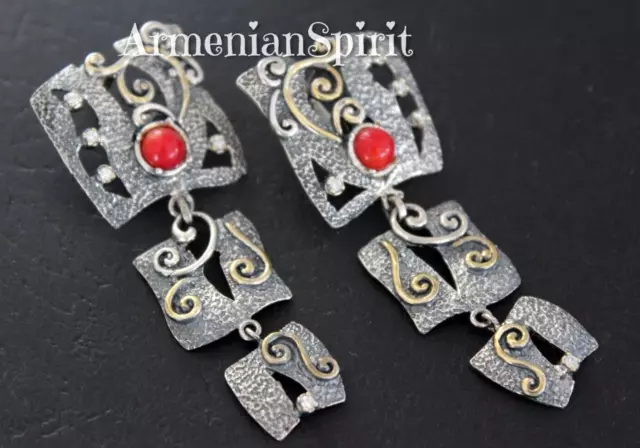 Espíritu armenio Pendientes muy largos de plata 925 Coral gema roja joyería...