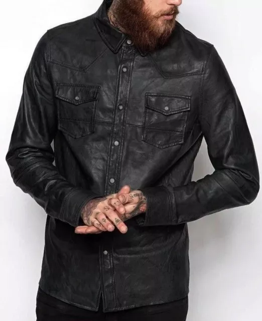 Mens Shirt Jacket Black Real Soft Genuine Lambskin Washed Waxed Leather Shirt