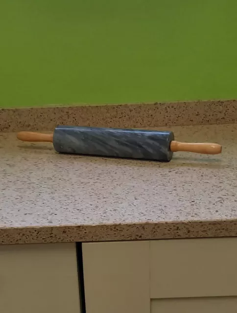 Dark Grey Marble Rolling Pin With Wooden Handles (No Stand)