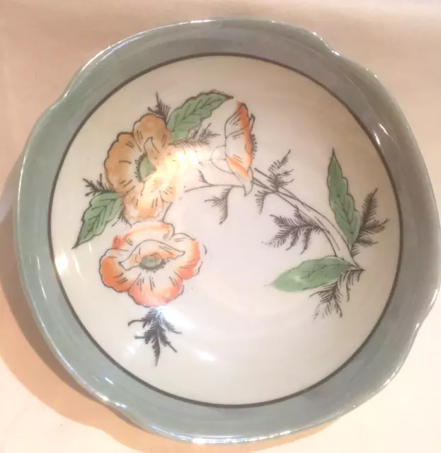 Blue Luster Ware Serving Bowl - Orange Poppy Flower Scalloped Rim 7 1/4" Japan