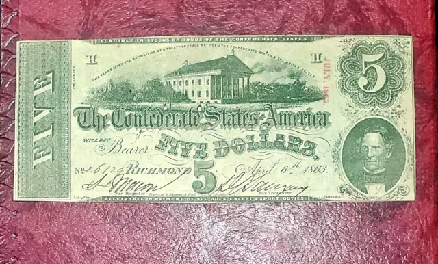 1863 $5 Confederate Currency ~ T-60 ~ Capitol At Richmond ~ About Uncirculated
