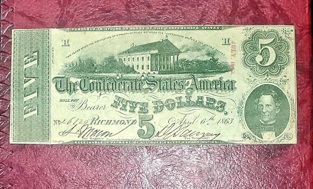 1863 $5 Confederate Currency ~ T-60 ~ Capitol At Richmond ~ About Uncirculated