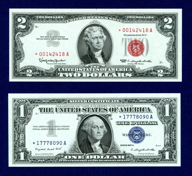 1963  $2 red seal star* note - 1957 B $1 silver certificate star* LUCKY SEVENS !