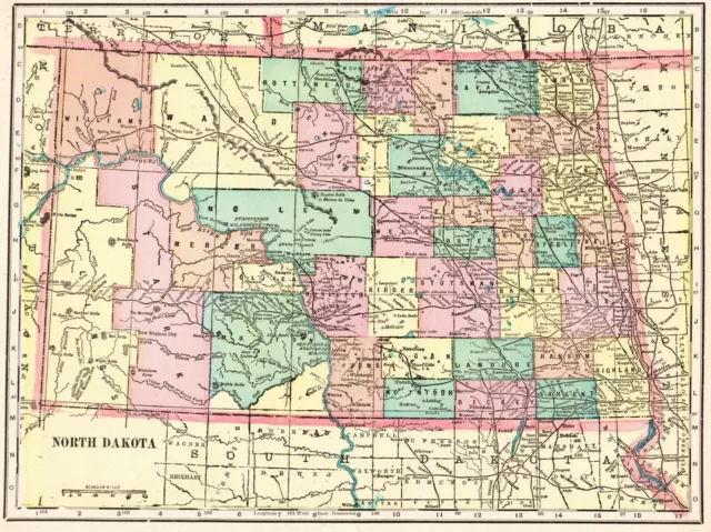 1903 Antique NORTH DAKOTA State Map George Cram Atlas Map of North Dakota 8704