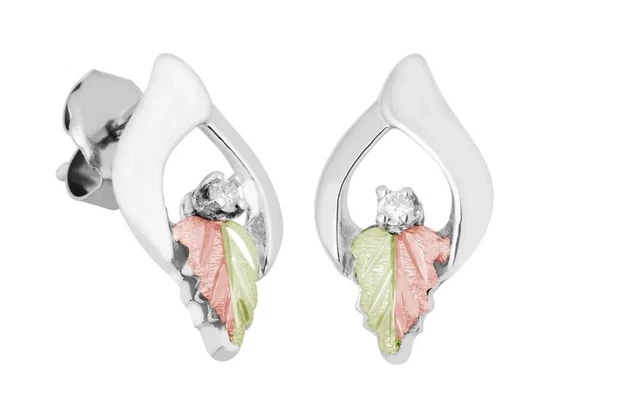 Landstrom's Black Hills Gold & Silver Split Leaf Earrings with Diamond Accents