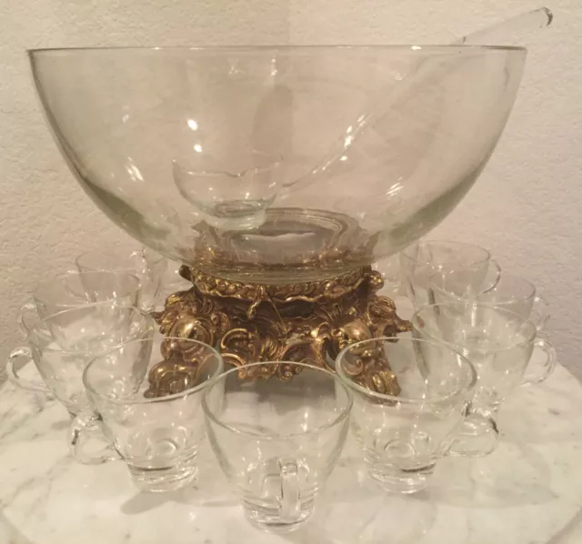 Vintage Pitman-Dreitzer 14 Pieces Crystal Punch Set. Bowl, 11 Cups, Ladle, Stand 3