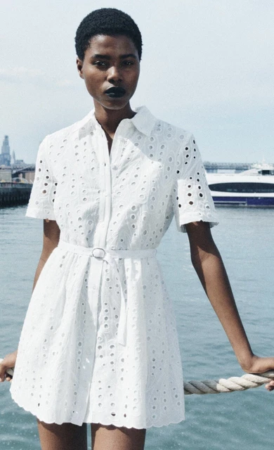 ZARA EMBROIDERED EYELET Shirt Dress Cutwork Embroidery Blue White Xs S M L  Xl $89.00 - PicClick