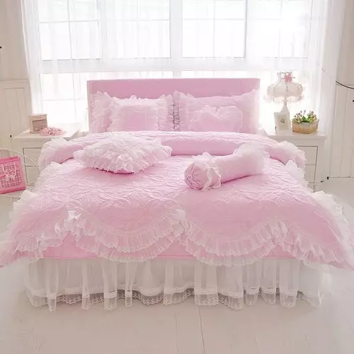 100%Cotton Thick Quilted Lace Bedding Set Bed Set Princess  Girls Bed Skirt Set