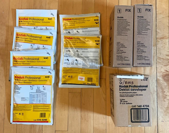 Vintage unopened KODAK darkroom chemicals Fixer, D-76, Dektol, Hypo clear.read.