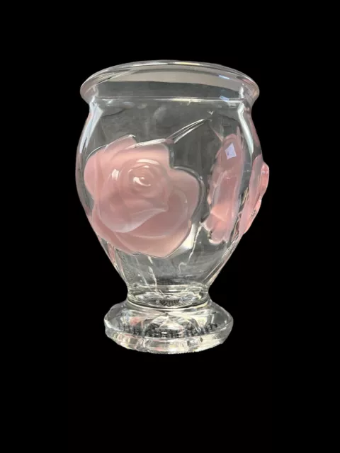 Teleflora Glass Heavy Vase Raised Puff Frosted Pink Roses Lead Crystal France