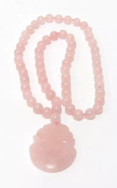 Vintage Asian Pink Rose Quartz 27" Beaded Necklace With Large Carved Pendant