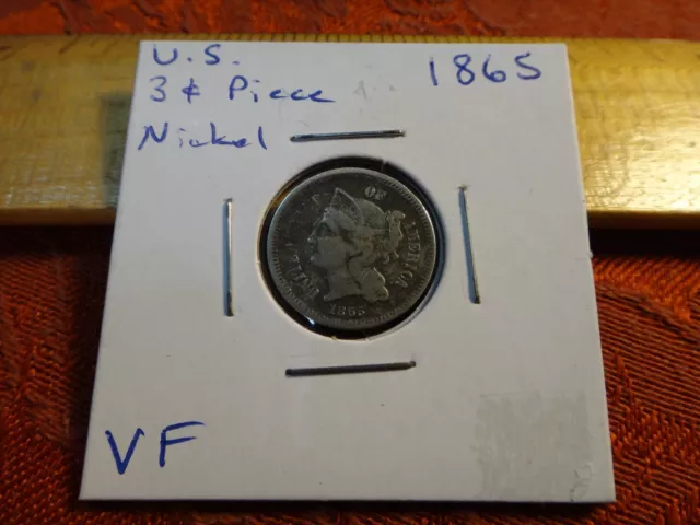 1865 United States Three Cent Nickel 3c Coin - Free S&H USA