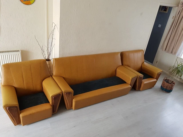 Beautiful Mustard 1960 1970 Real Danish Teak Wood Sofa Set Settee 3 Piece Suite.