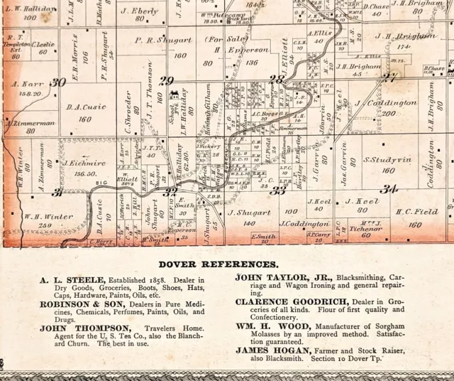 OLD PLAT MAP 1875 Dover Illinois Bureau County LARGE ORIGINAL Township 17x14