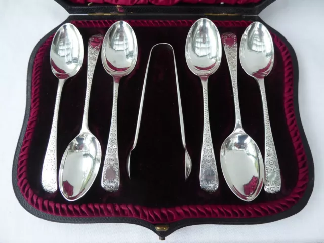 Edwardian Antique Stirling Silver Teaspoons with Sugar Tongs