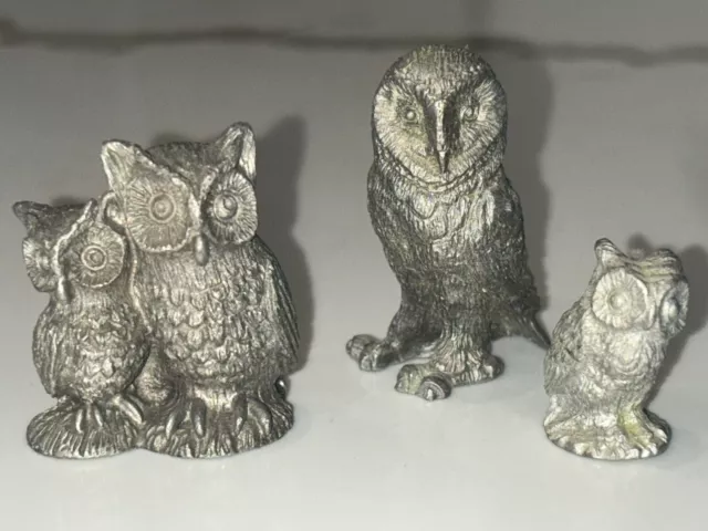 3 Vintage Miniature Pewter Owl Figurines Spoontiques, Hastings .75” -1.5”