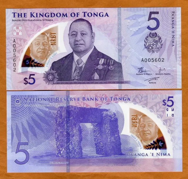 Tonga, 5 Pa'anga, ND (2023), P-51, A-Prefix, UNC Polymer, New Series of Notes